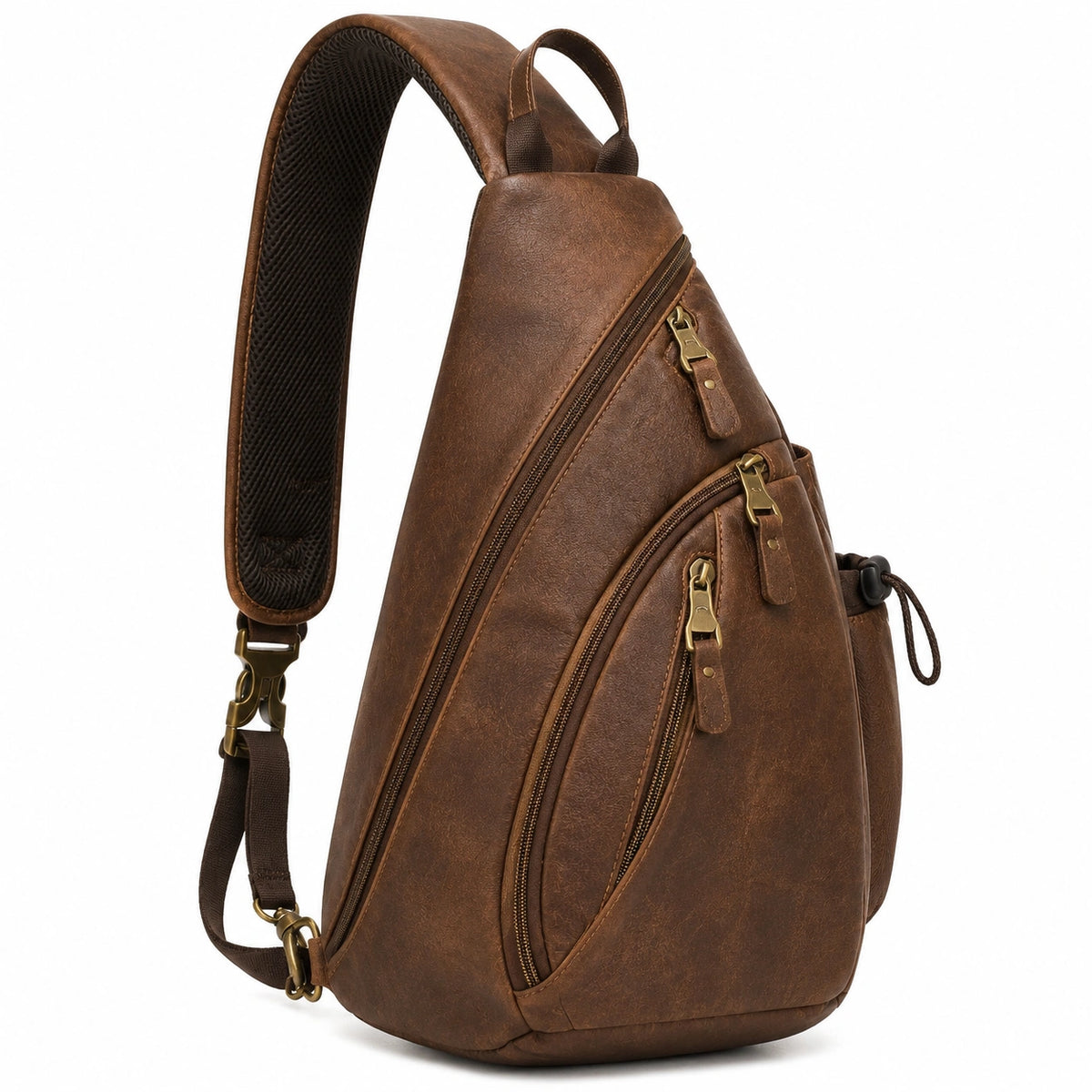 Mochila bandolera 18 x 10 x 32 cm de cuero sintético marrón con bolsillos y cremallera