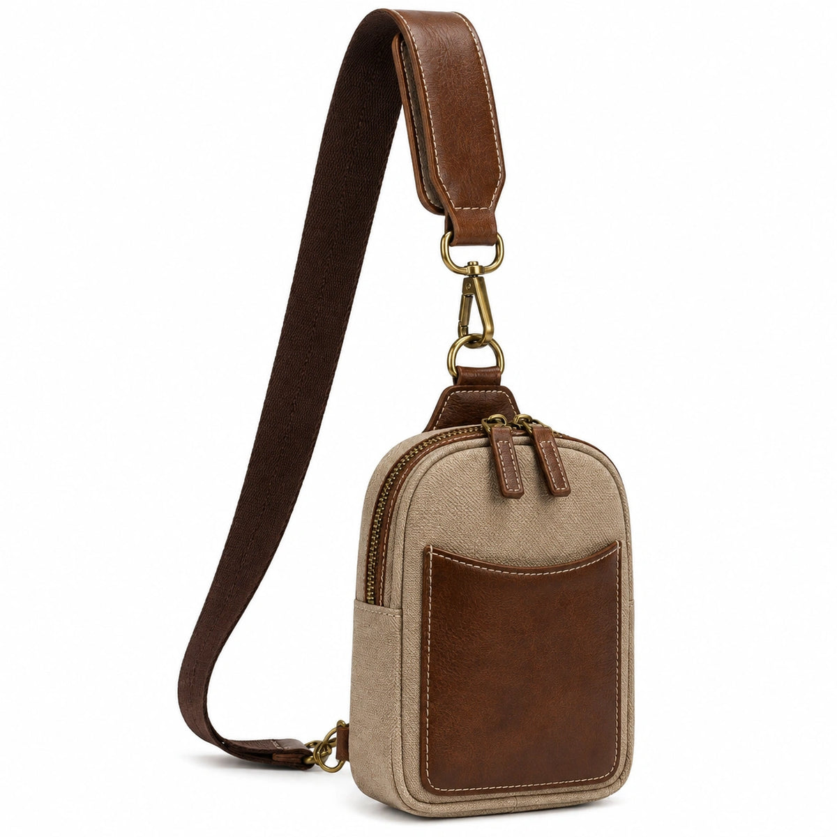 Bolso bandolera 13 x 7 x 20 cm de piel sintética beige y marrón con bolsillos estilo vintage