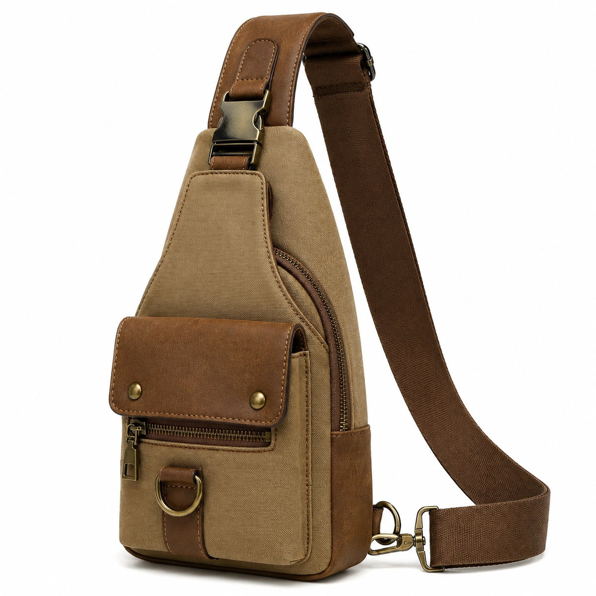 Bolso bandolera 17 x 8 x 30 cm de lona marrón con detalles de piel sintética para uso diario