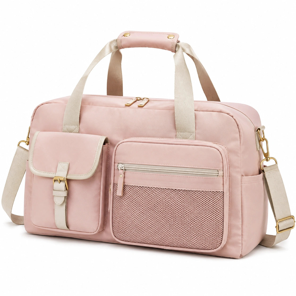 Bolso de viaje 45 cm de tejido rosa con bolsillos y correa ajustable