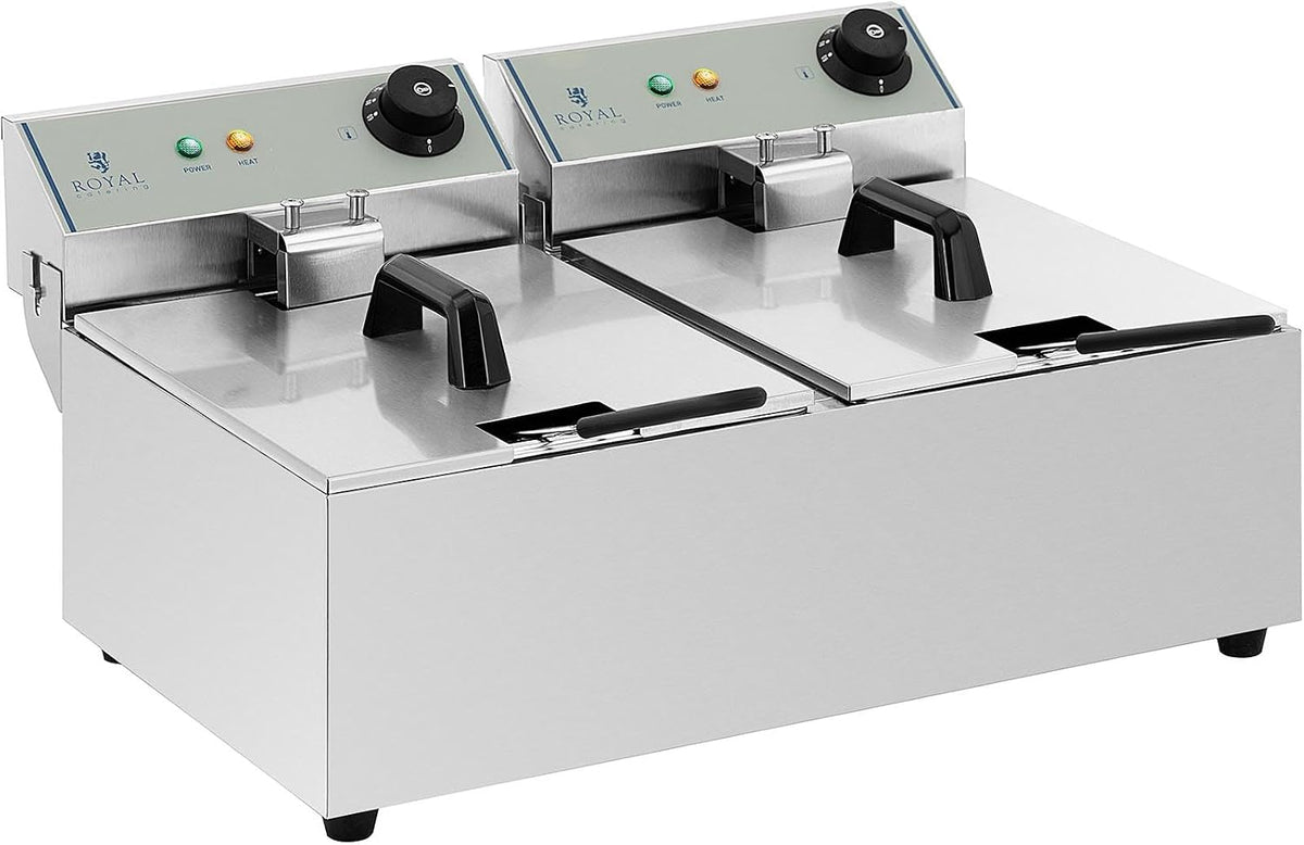 Royal Catering Frytkownica, 2800 W, 230 V, 10 l – Czarny, 2 x 2800 W, Double elektryczny Friter 2 x 10 l, 2 światła do użytku profesjonalnego