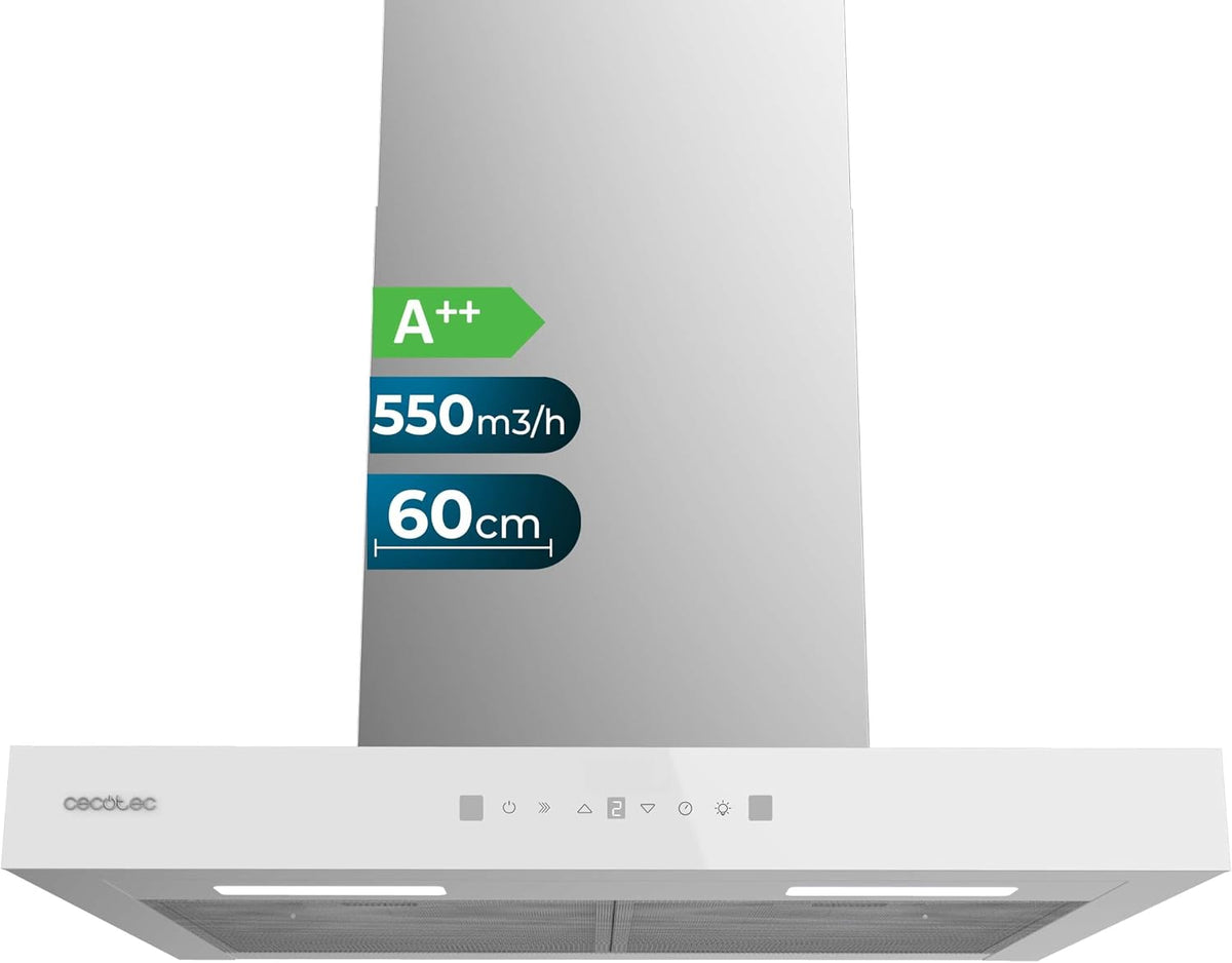 Cecotec Okap kuchenny, 60 cm, 70 W, Biały – oświetlenie LED, 550m3, 550 m3 / h, dotyk – 3 poziomów
