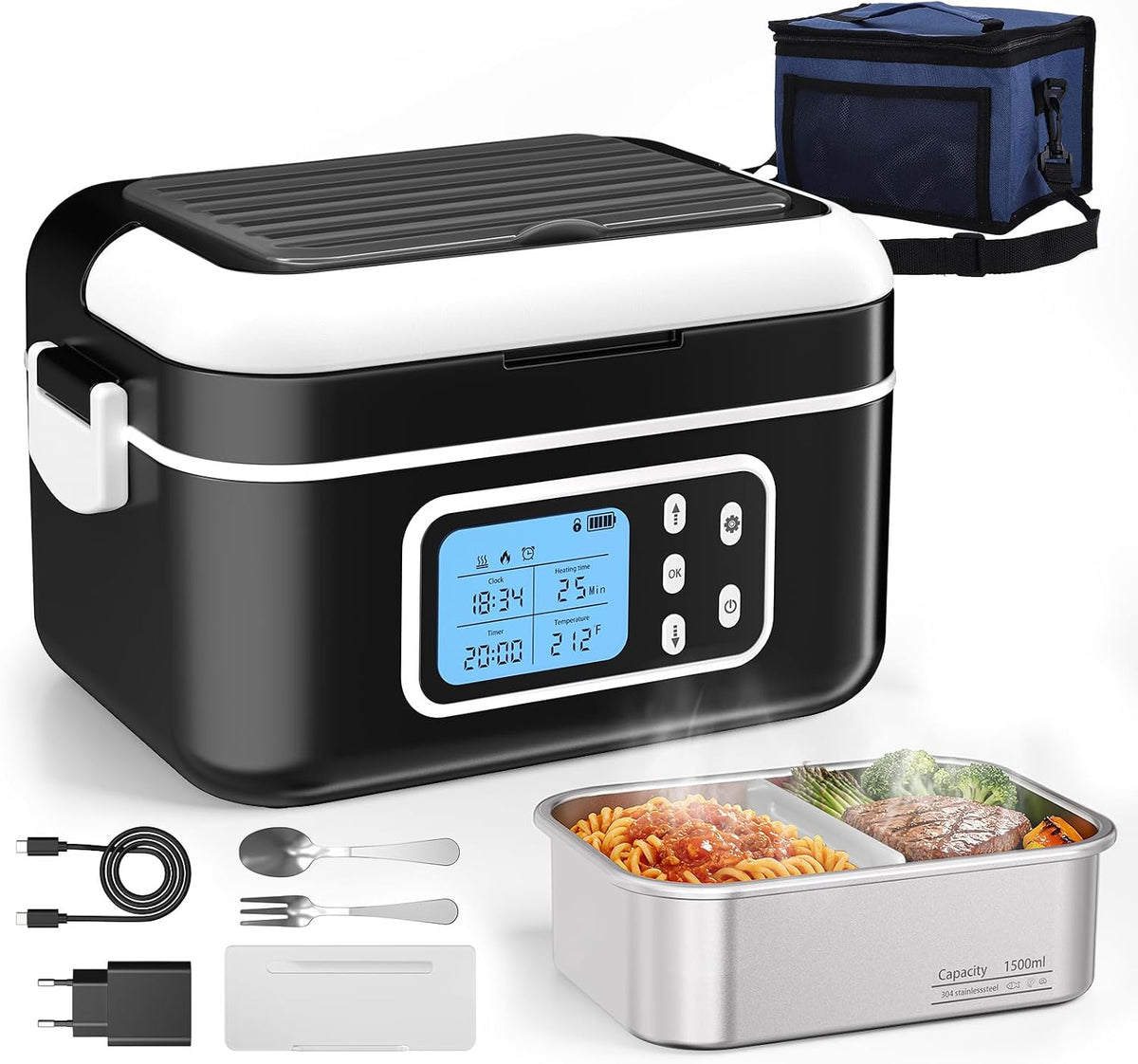 Pudełka na lunch Reomdara, 5 l, Srebrny – stal nierdzewna, praca bezprzewodowa, Przenośny, licznik – 6 poziomów, funkcja ogrzewania