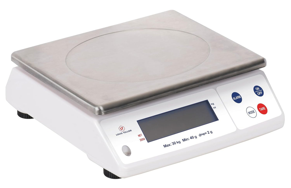 Wagi kuchenne Louis Tellier, IP53, 29.8x23.6 cm, 30 kg – Srebrny, stal nierdzewna, 30 kg / 2 g Równowaga