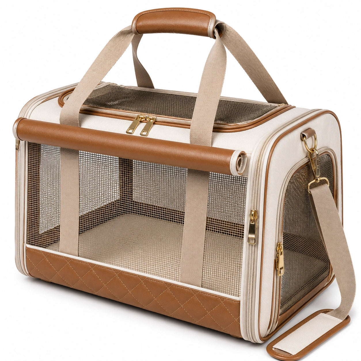 Transportín para mascotas 45 x 28 x 30 cm de tejido y malla beige y marrón plegable