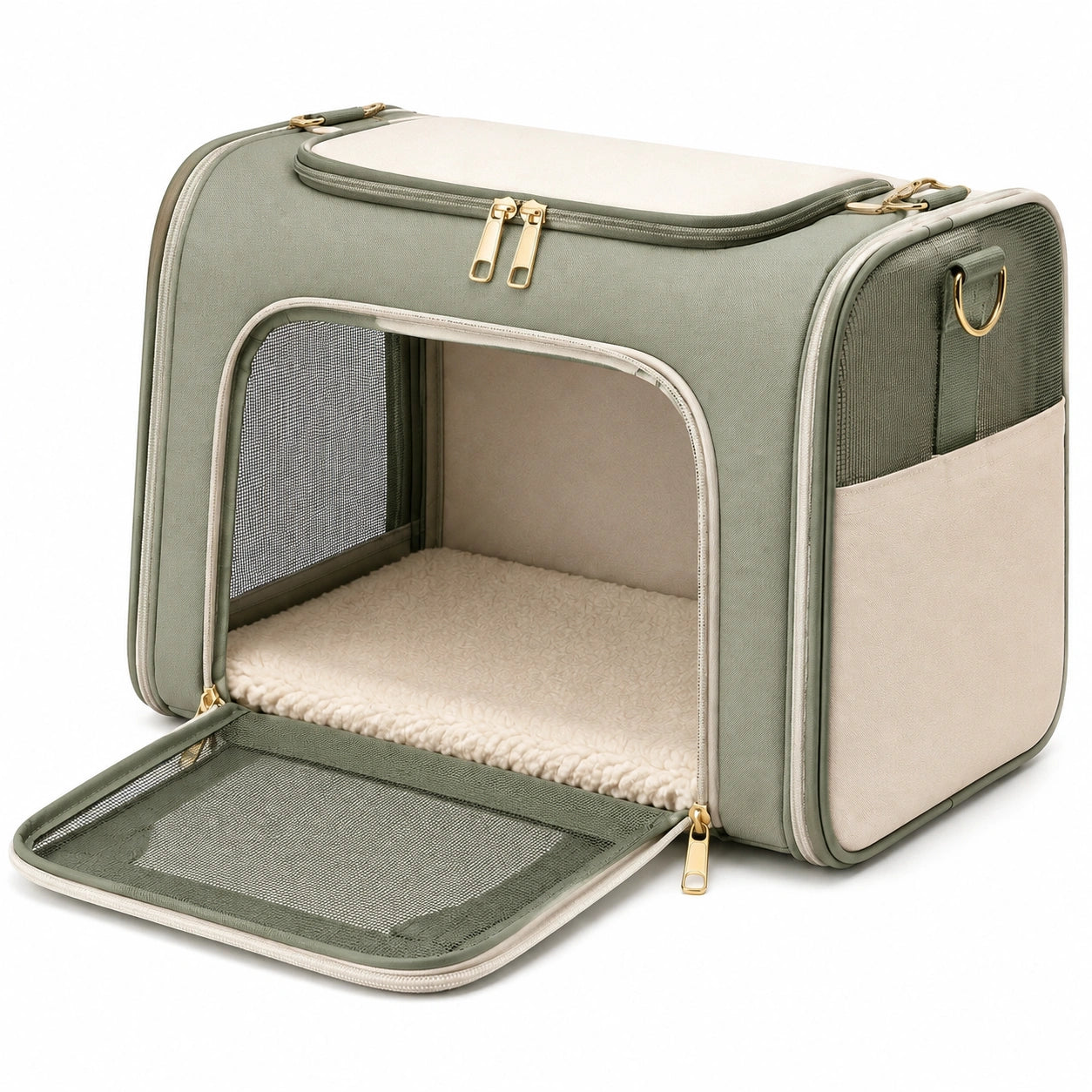 Transportín para mascotas 45 x 30 x 30 cm de poliéster verde con malla y apertura con cremallera