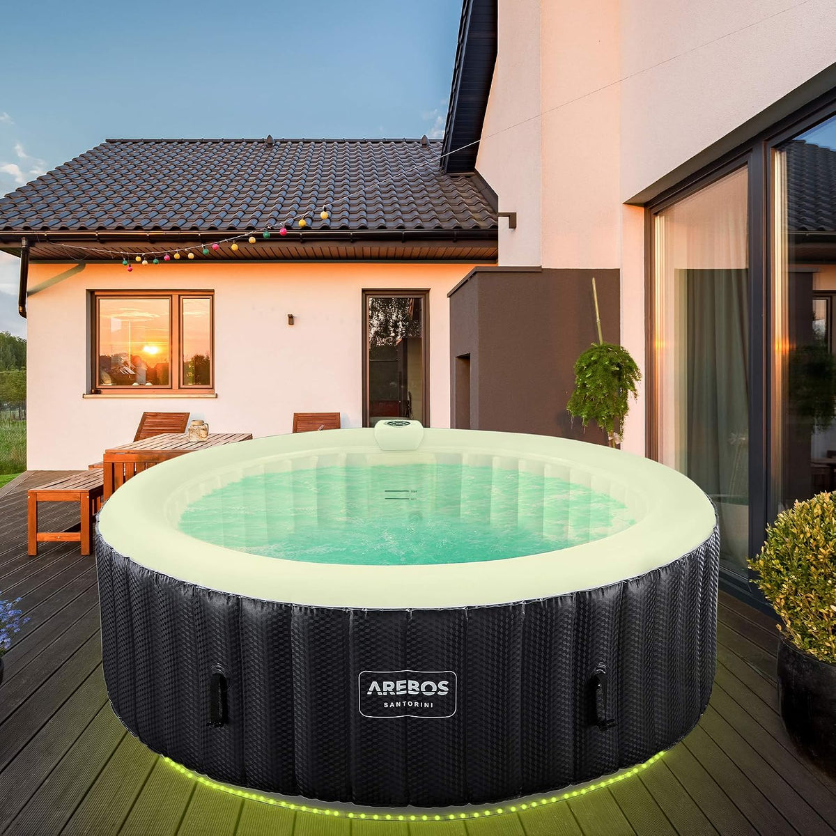 Arebos Wanny z hydromasażem, 208 cm, 1000 litrów, 240 V – Czarny/Beżowy, oświetlenie LED, pilot zdalnego sterowania, automatyczne wyłączanie