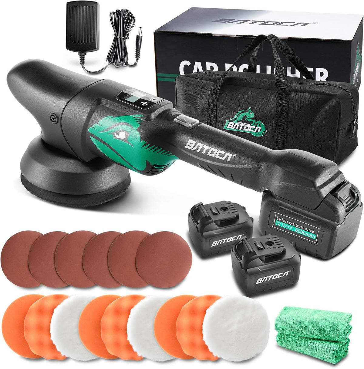 Polimery BATOCA, LCD-2000-4500 – 4500 obr./min, 8 mm, 5 Ah, Czarny – praca bezprzewodowa, polerka elektryczna, 125 mm, wyświetlacz LCD – bezprzewodowy