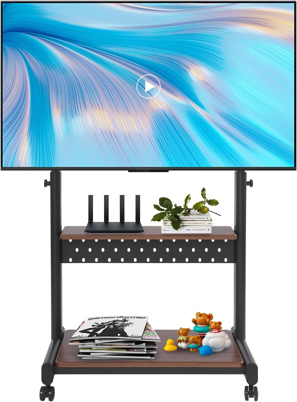 HOMEONENIC Stojaki podłogowe, 74 x 46 cm – 100 kg, Czarny / Brązowy, regulowana wysokość, Szafka TV – 86 cali, koła jezdne, czarne