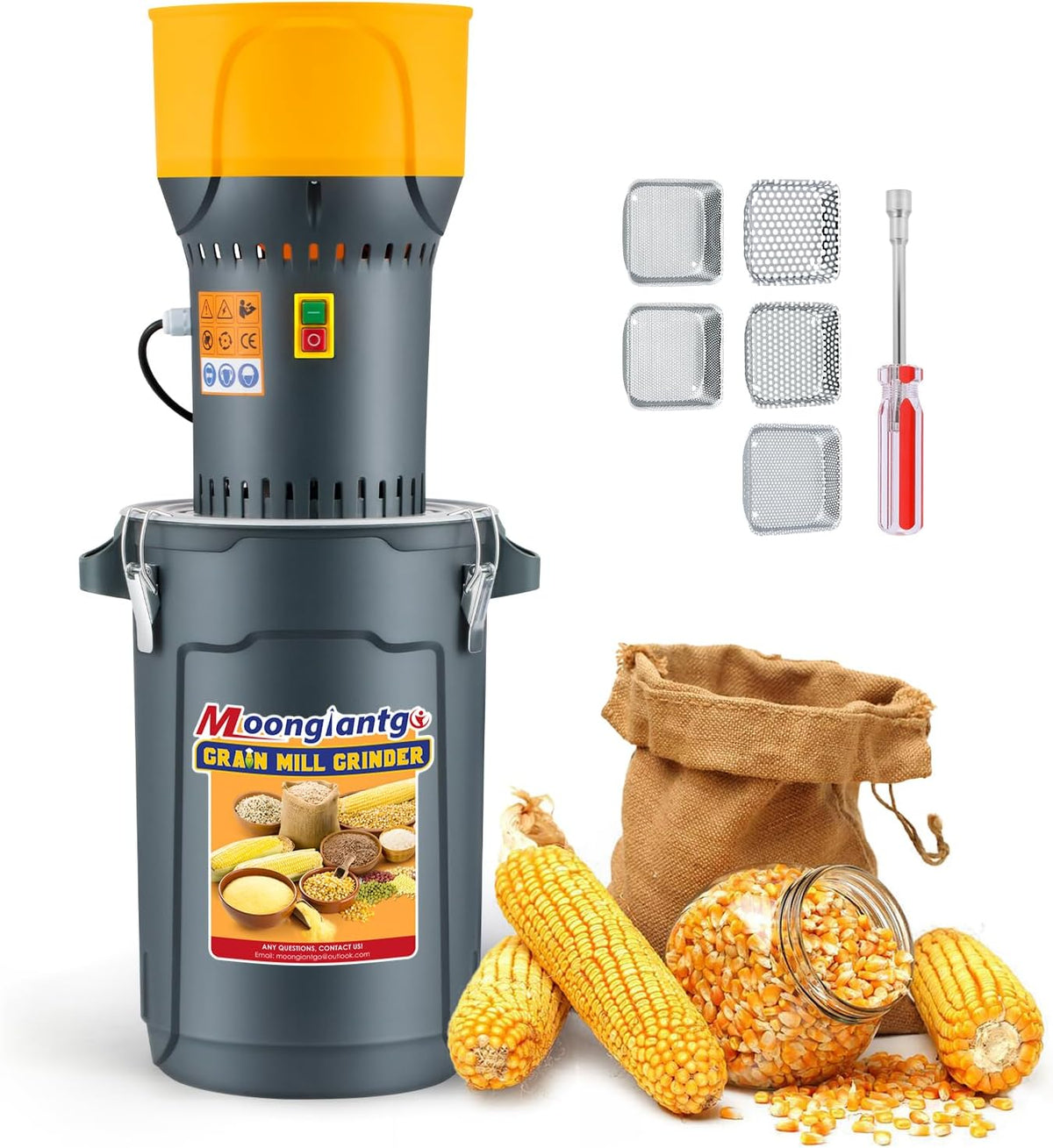 Młynki do zboża Moongiantgo, 25 l, 1300 W, Czarny – młyn zbożowy, usuwalny, 5 Tamis różnych finałów i 1 Klucz klamry