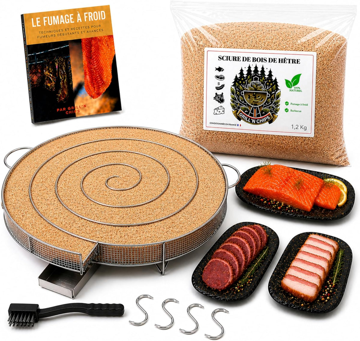 Grill Grill'n Chips, 30 cm – 2 kg, Brązowy, 10-12h Generator, Szczotka – drewno