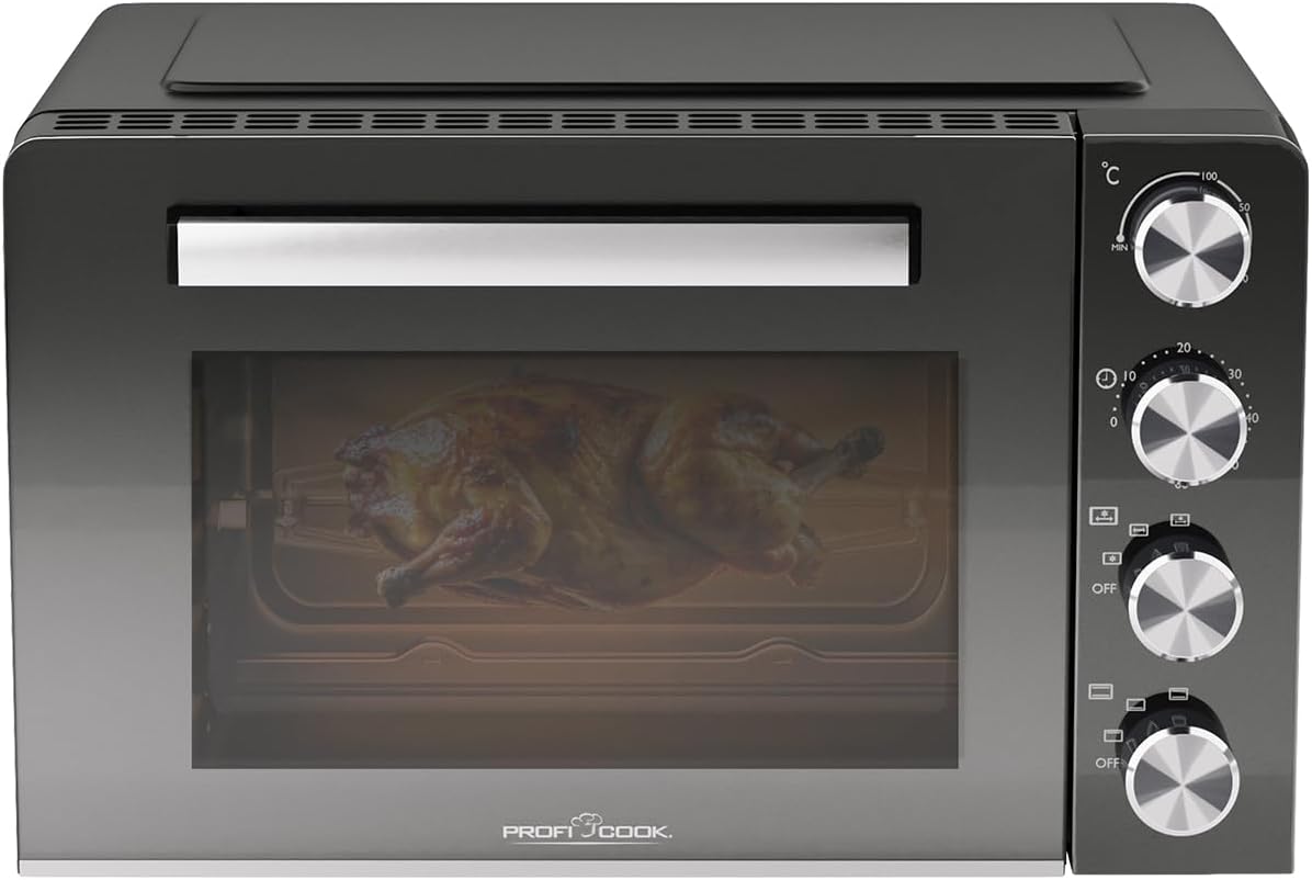 Mini piekarnik Profi Cook – 30 l, 1500 W, 30 cm, Czarny / Srebrny – timer, funkcja grilla, Elektryczny piec do pizzy MBG 1277, 100 do 230°C – zegar