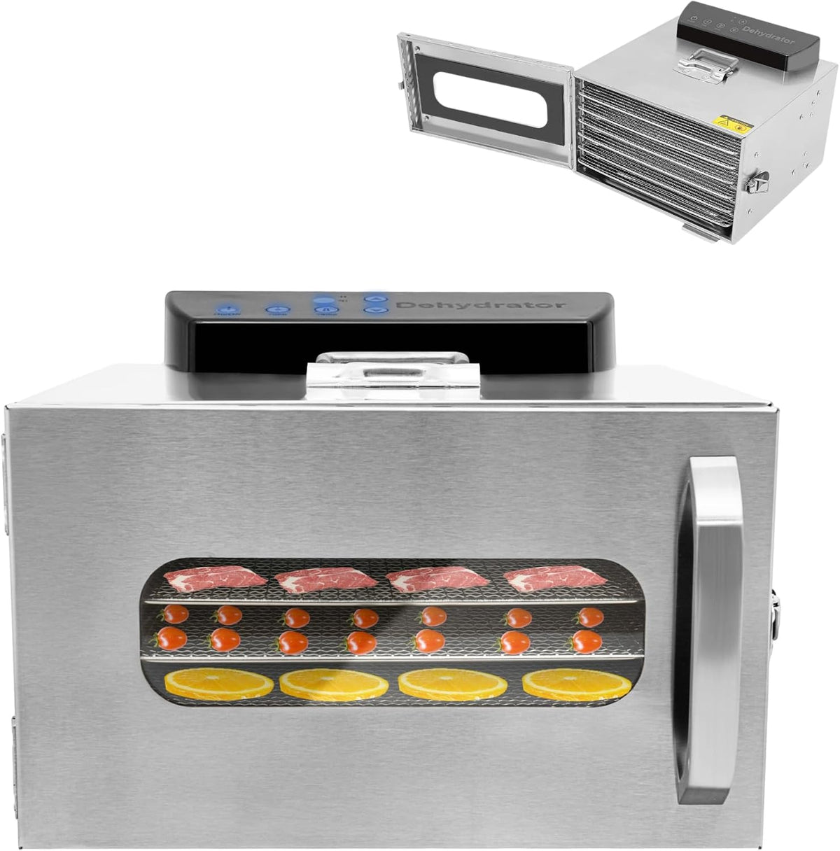 Suszarka do żywności CUMELLIIR, 400 W – 30 x 29,5 x 23,5 cm, Srebrny, stal nierdzewna, Suszarka 24h – 30 do 90°C, licznik