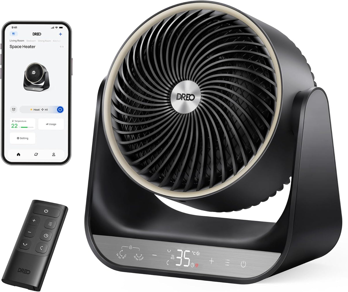 Grzejnik elektryczny DREO, 714S – 1500 W, 34 dB, Czarny, Inteligentny termostat 714S – przenośne ogrzewanie dla całego pokoju, czarne, 7 trybów