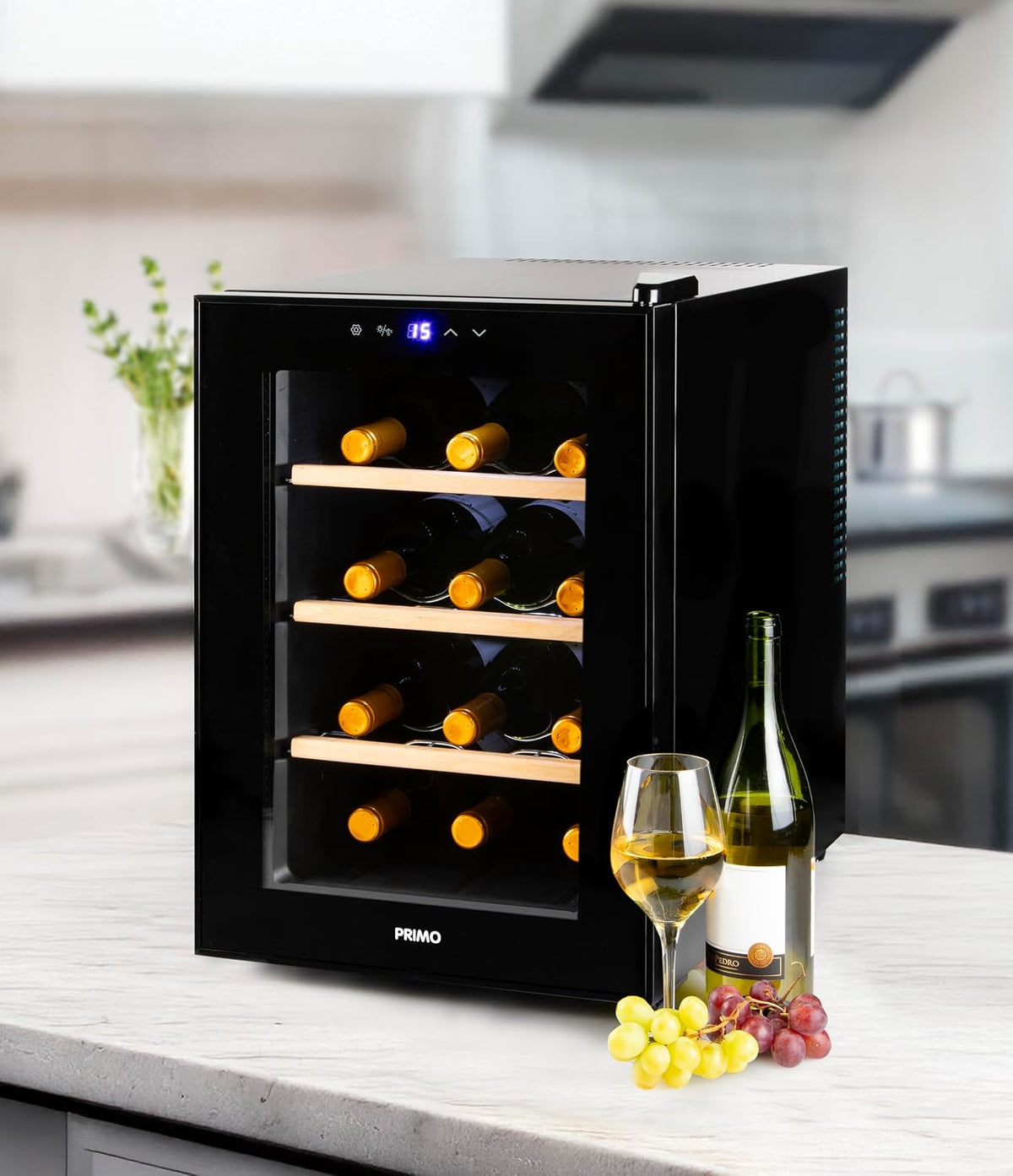 PRIMO Chłodziarka do wina, PR190WK – 55 x 36 x 53 cm, 25 dB, Czarny, oświetlenie LED – Piwnica elektryczna, 12 butelek, klasa energetyczna F