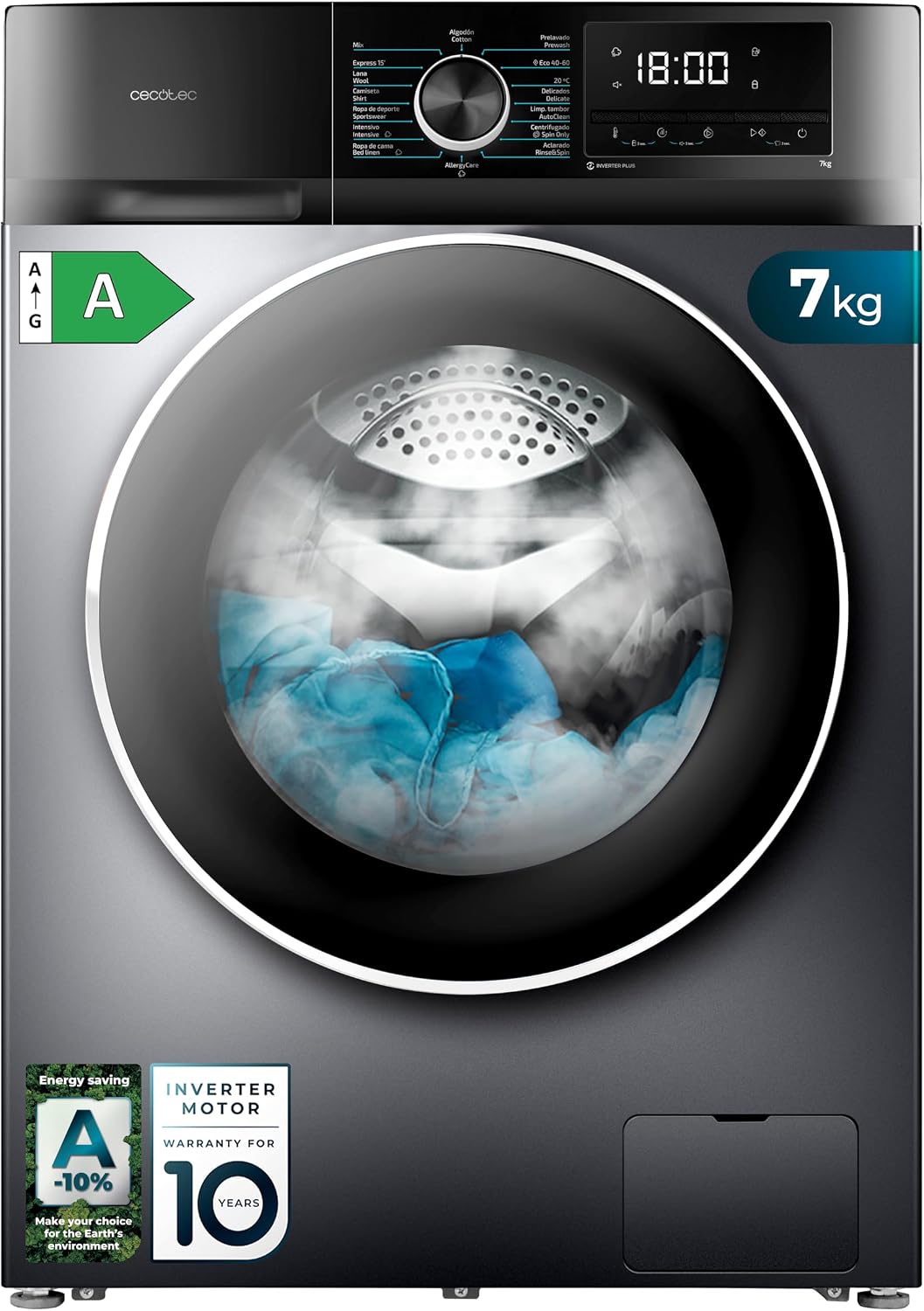 Cecotec Pralka, 7 kg, Czarny, 7 kg Bolero DressCode 7500 Inverter Steel A. 16 programów – zużycie basowe, silnik inwerterowy plus, SteamMax