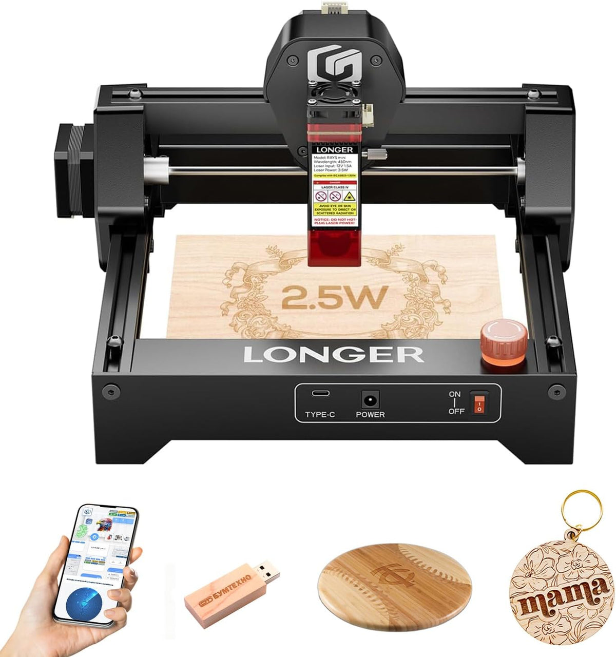 Narzędzia do grawerowania Longer, 140 x 130 mm, 2,5 W, 1,8 kg – Czarny, metal, USB, Wi-Fi – Ray5 mini maszyna do grawerowania laserowego 2,5 W