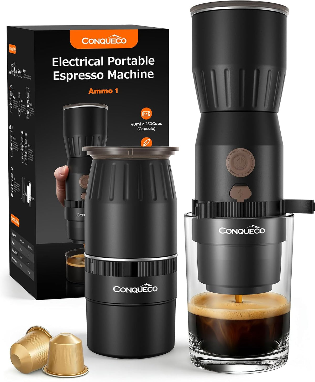Ekspres do kawy CONQUECO, 160 ml, Czarny – USB, Kawiarnia, Bateria, Pompa – Przenośna, Elektryczna