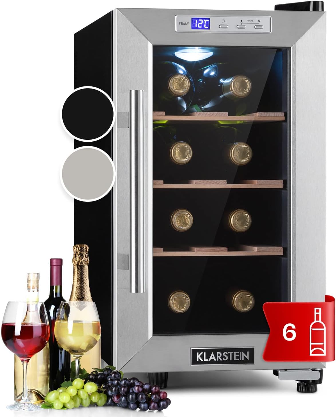 Lodówka KLARSTEIN – Czarny, ochrona UV, Winiarnia elektryczna, 6 butelek – 11 do 18°C, dotyk, Ochrona przed promieniowaniem UV