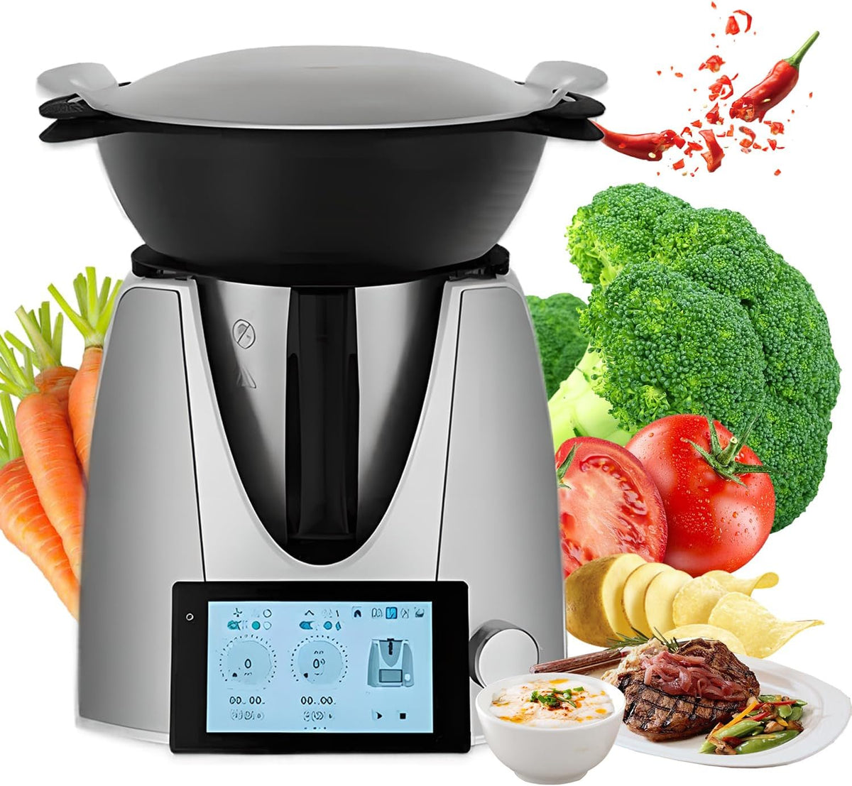Robot kuchenny, C-160, 1500 W – 2 l, 31 x 27 x 40 cm, Czarny/Srebrny, Wi-Fi – 2 w 1, Inteligentny 1500 W, wielofunkcyjny z ekranem dotykowym 7'' TFT