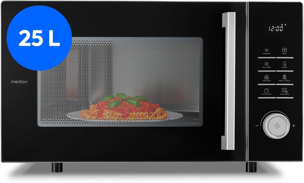 MEDION Grill, MD12231, 25 l – 1500 W, Szary, kuchenka mikrofalowa, 11 programów – mikrofalówka, funkcja gorącego powietrza 1500 W