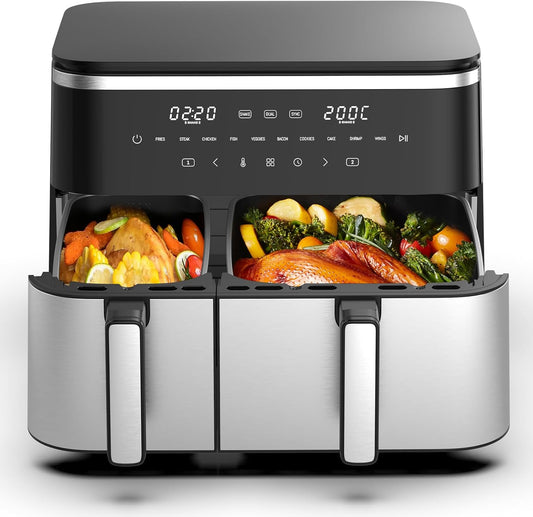Frytkownica beztłuszczowa iceagle, air fryer, 11 l – 2600 W, Czarny/Srebrny, oświetlenie LED, Frytkownica na gorące powietrze – podwójna komora 11 l