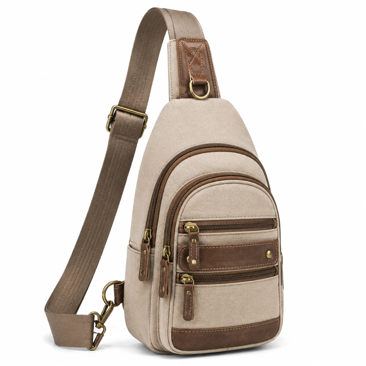 Mochila bandolera 18 x 8 x 30 cm beige y marrón de tejido con bolsillos para uso diario