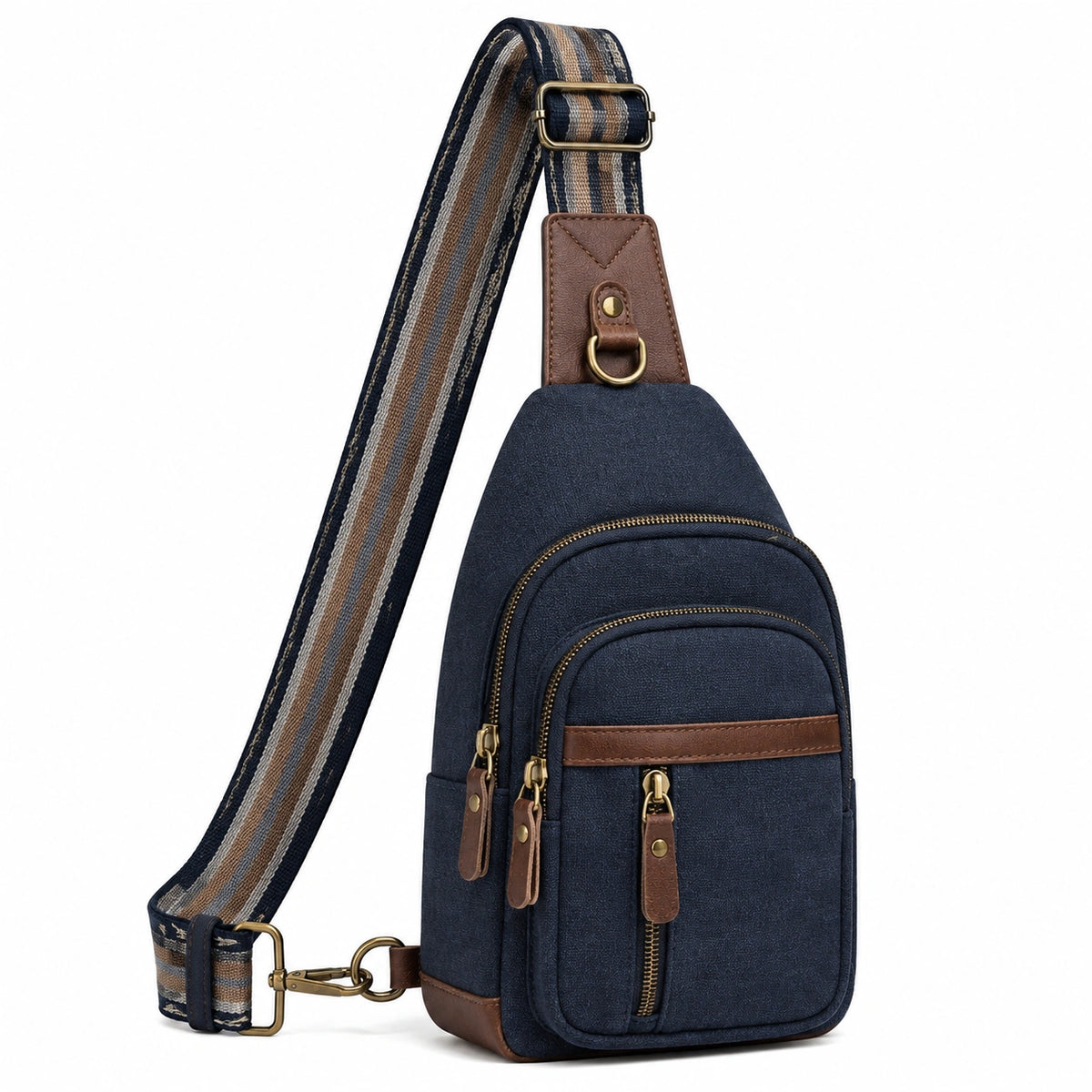 Bolso bandolera 30 cm de tejido azul marino con detalles marrones y correa ajustable