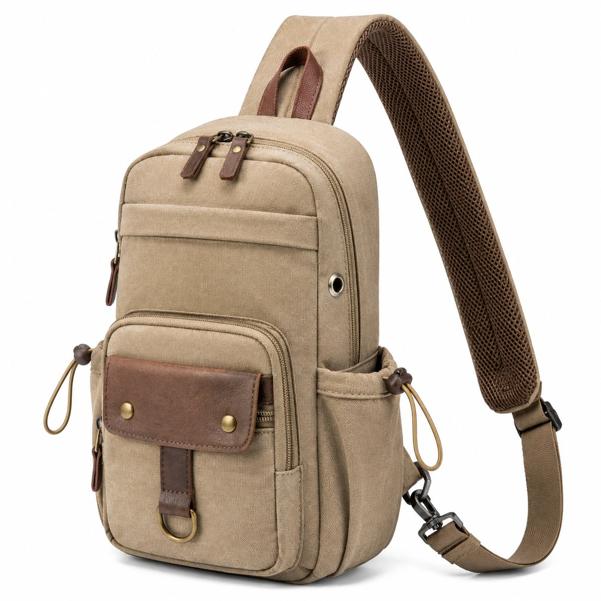 Bolso bandolera 18 x 10 x 30 cm de lona beige y marrón con bolsillos estilo urbano