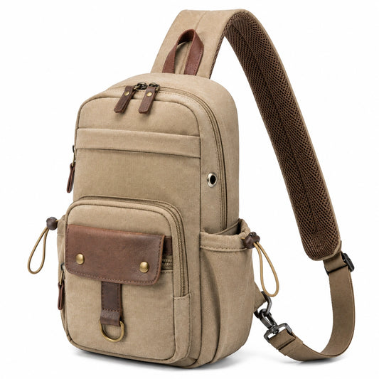 Bolso bandolera 18 x 10 x 30 cm de lona beige y marrón con bolsillos estilo urbano