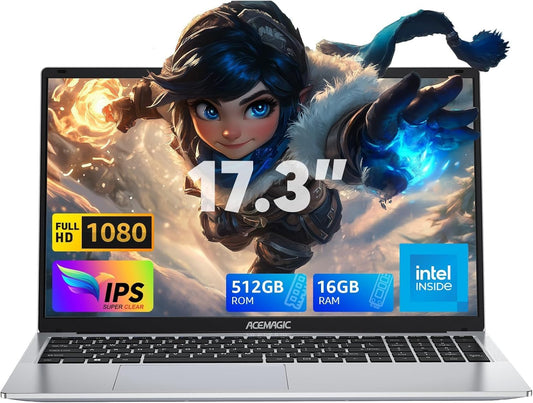 Laptopy tradycyjne ACEMAGIC – DDR4, 3,5 mm, Srebrny, metal – USB, Bluetooth, Wi-Fi, Laptop 17,3' – 16 GB DDR4 512 GB SSD, procesor N-95