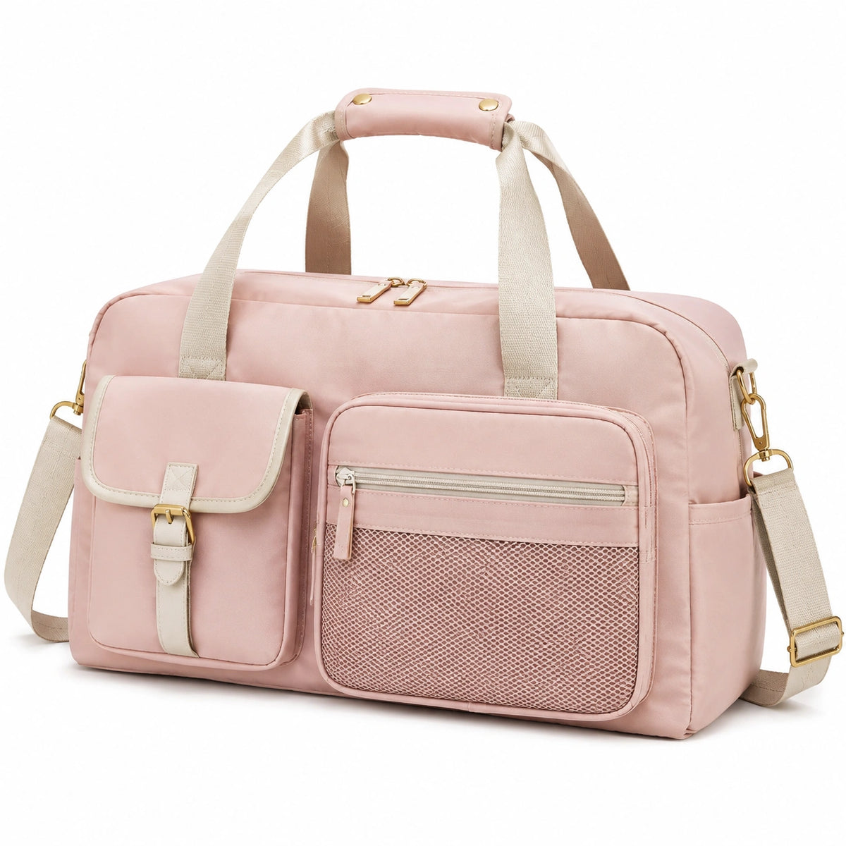 Bolso de viaje 45 cm de tejido rosa con bolsillos y correa ajustable