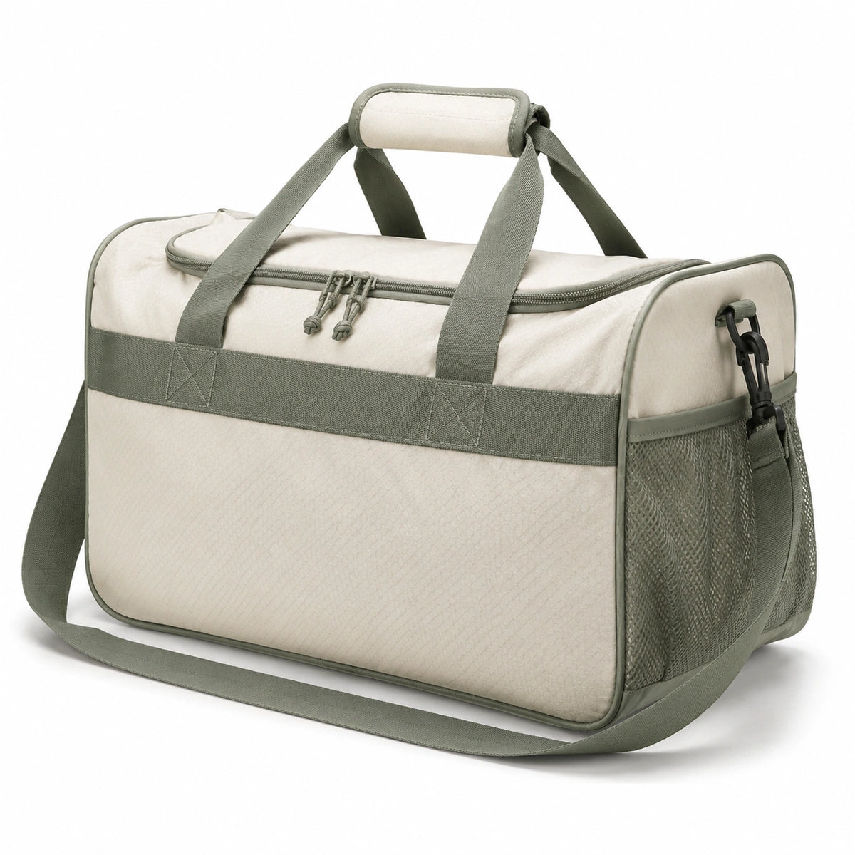Bolsa de viaje 45 x 25 x 28 cm de tejido sintético beige/verde con bandolera y bolsillo lateral