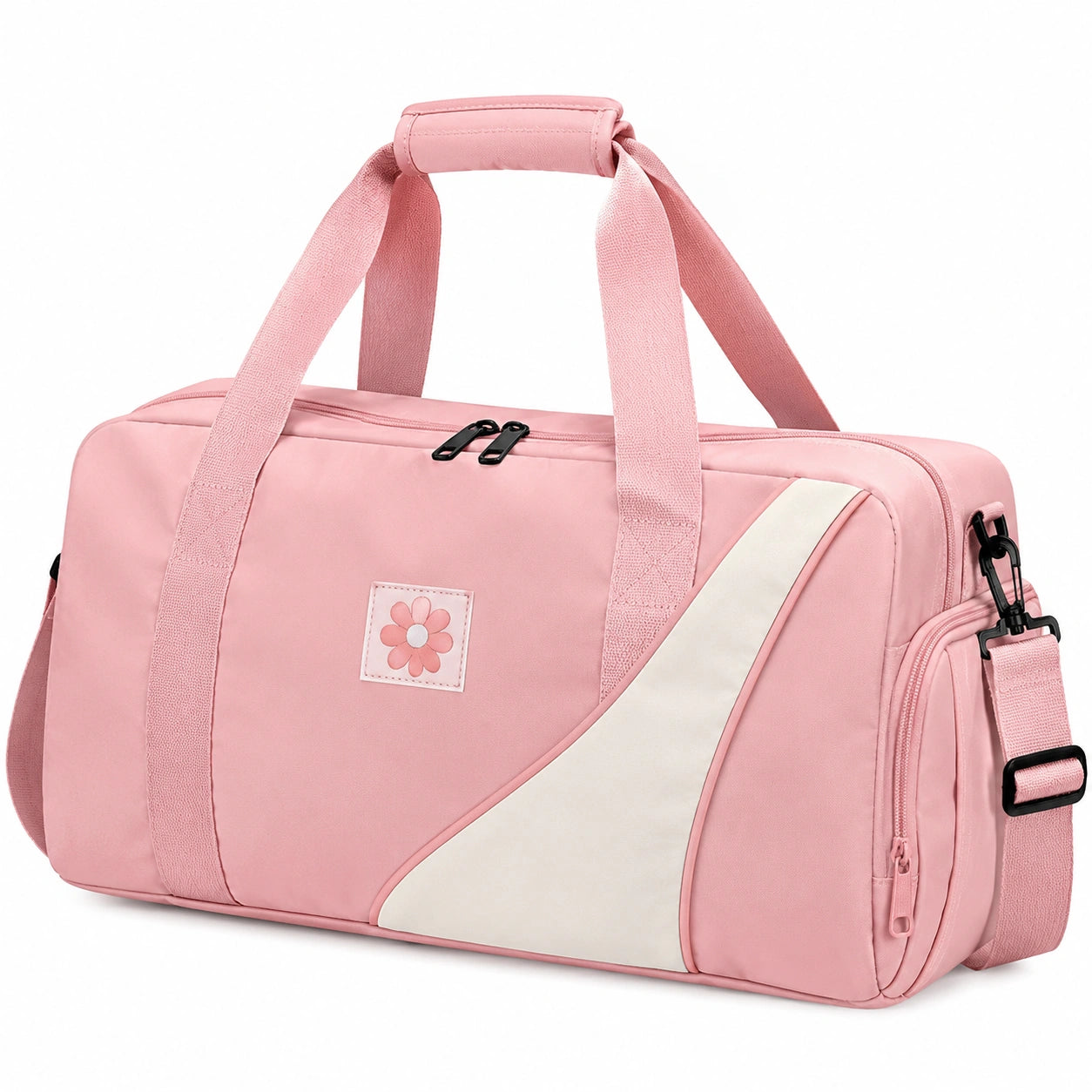 Bolsa de deporte 45 x 22 x 28 cm de tejido sintético rosa y blanco con bandolera ajustable