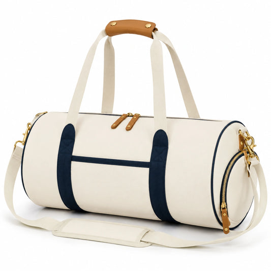 Bolsa de viaje cilíndrica 48 x 25 cm de lona beige y azul marino con correa ajustable