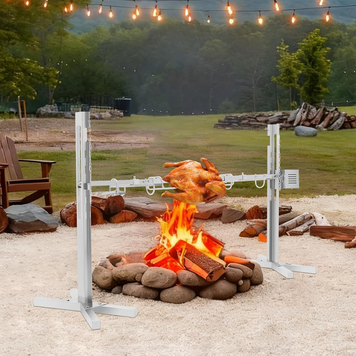 Grill GIDRLL, 121,5 x 26,5 x 14,5 cm, 220 V, 40 kg – Srebrny, stal nierdzewna, silnik, kemping – na kurę