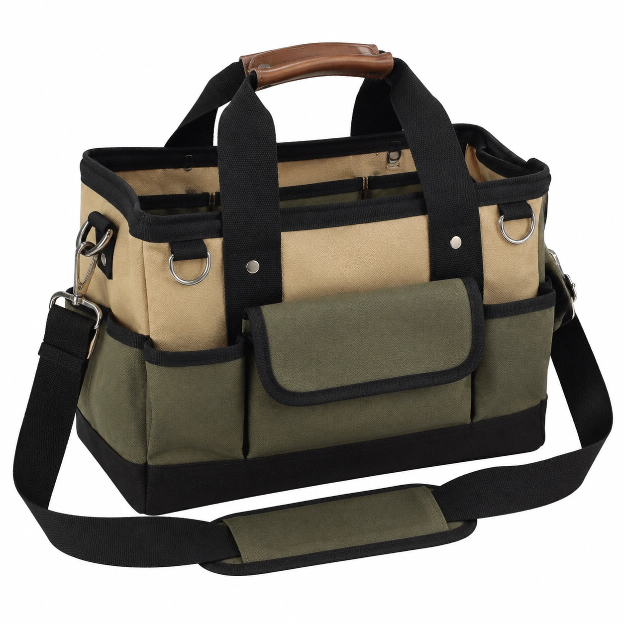 Bolsa de herramientas 40 x 20 x 30 cm de lona beige y verde con bolsillos - transporte organizador