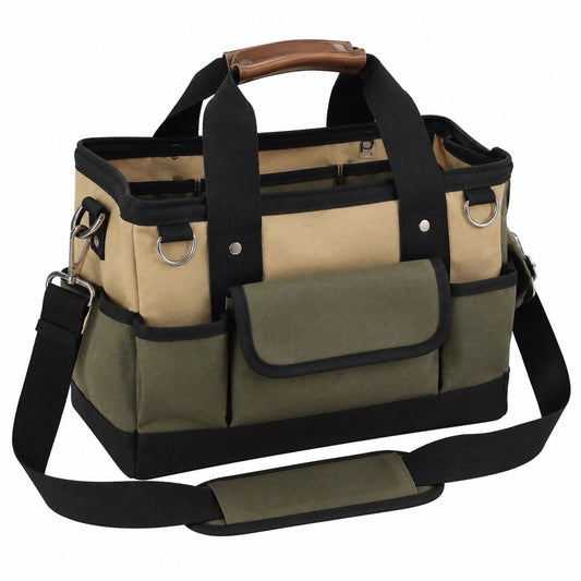 Bolsa de herramientas 40 x 20 x 30 cm de lona beige y verde con bolsillos - transporte organizador
