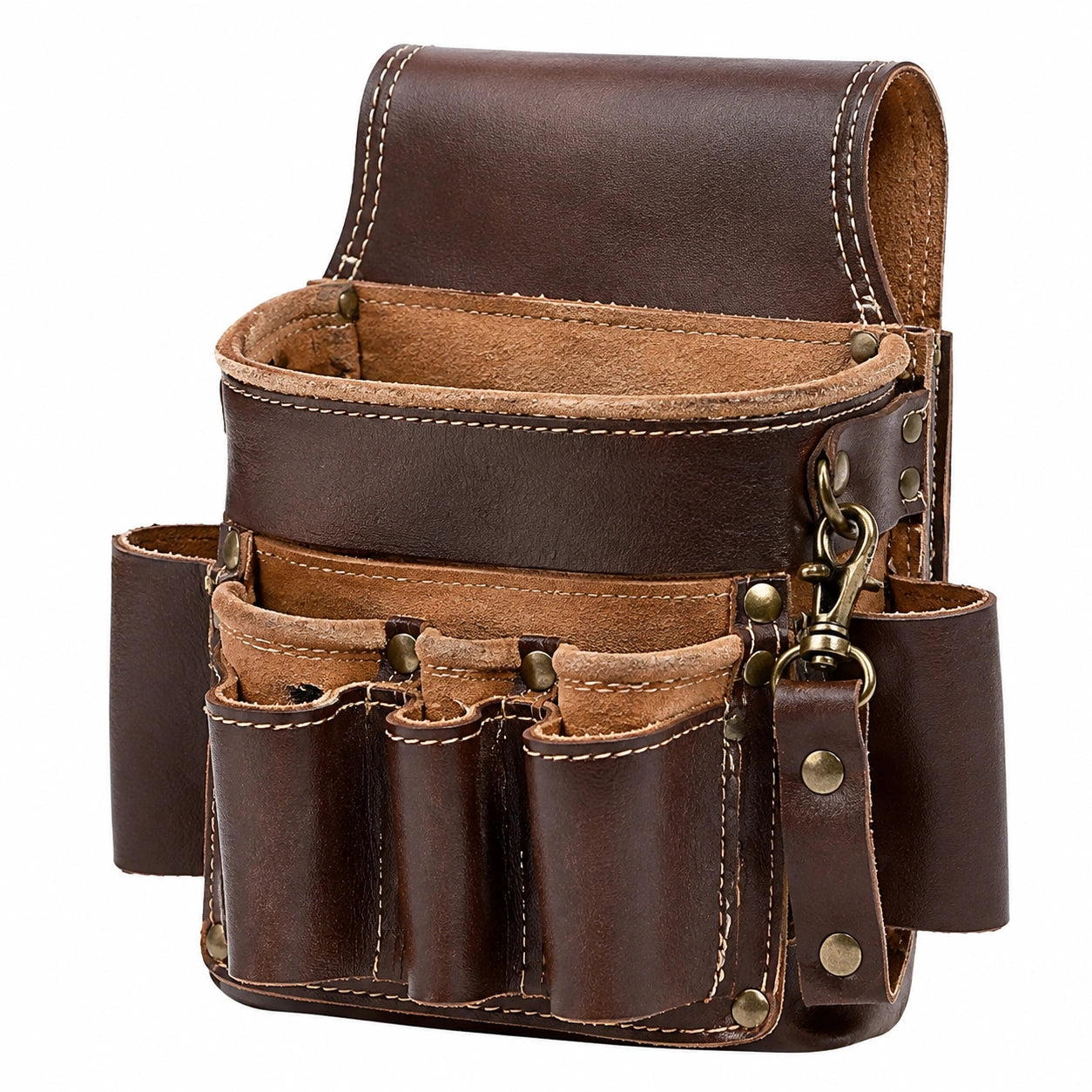 Funda portaherramientas de cintura 25 x 20 x 10 cm de cuero marrón con bolsillos y cinturón ajustable