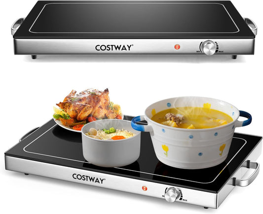 COSTWAY Płyta grzewcza, 56 x 36 cm – 300 W, Przezroczysty, do bufetów, Płyta elektryczna – z trajakiem ze szkła Trempe, Regulowana temperatura