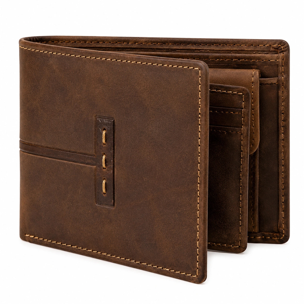 Cartera billetera plegable 12 x 9.5 x 2 cm de cuero marrón con tarjetero