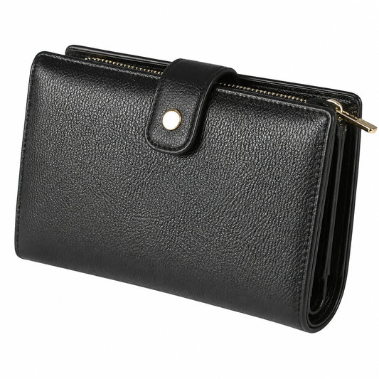 Cartera monedero 19 x 10 x 3 cm de poliuretano negro con cremallera y cierre de botón