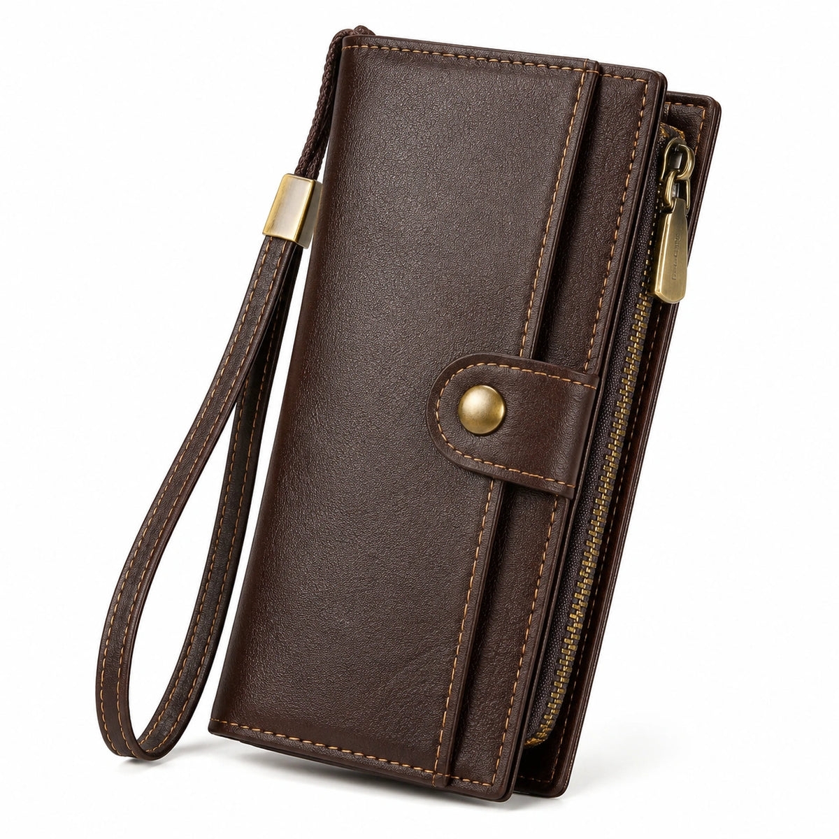 Cartera de mano 19 x 10 x 3 cm de piel sintética marrón con cremallera y correa de muñeca