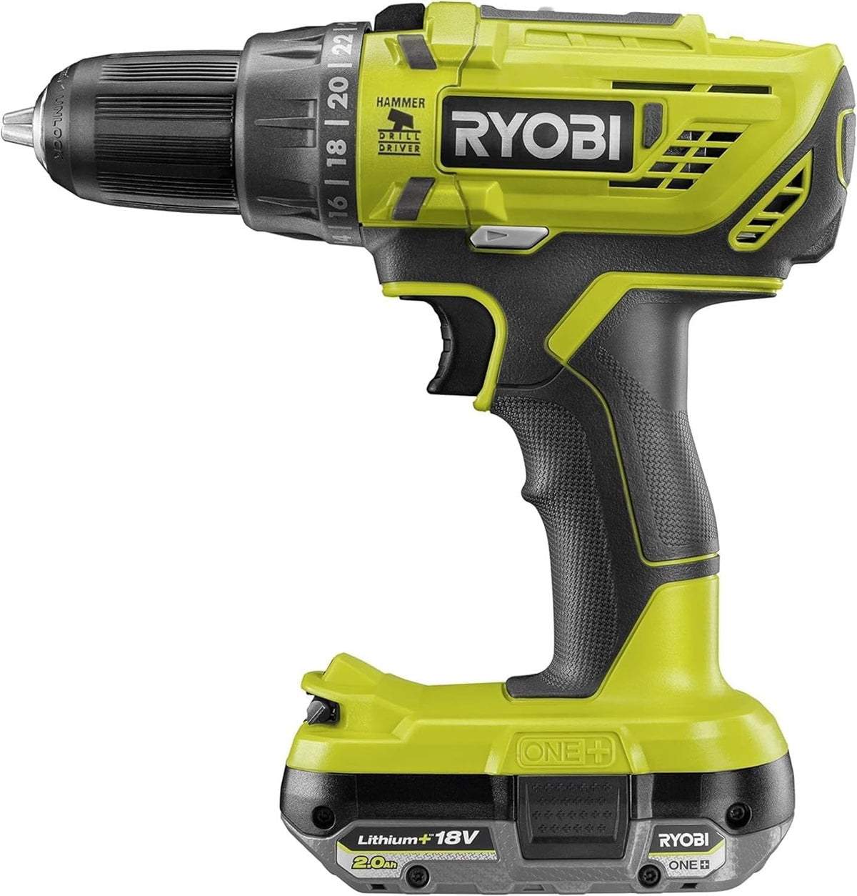 RYOBI Wiertarki i wkrętaki, R18PD32-1C20G, 18 V – 13 mm, 2.0 Ah, Czarny/Żółty, metal – oświetlenie LED, Wiertarko-Wkrętarka Udarowa 18V