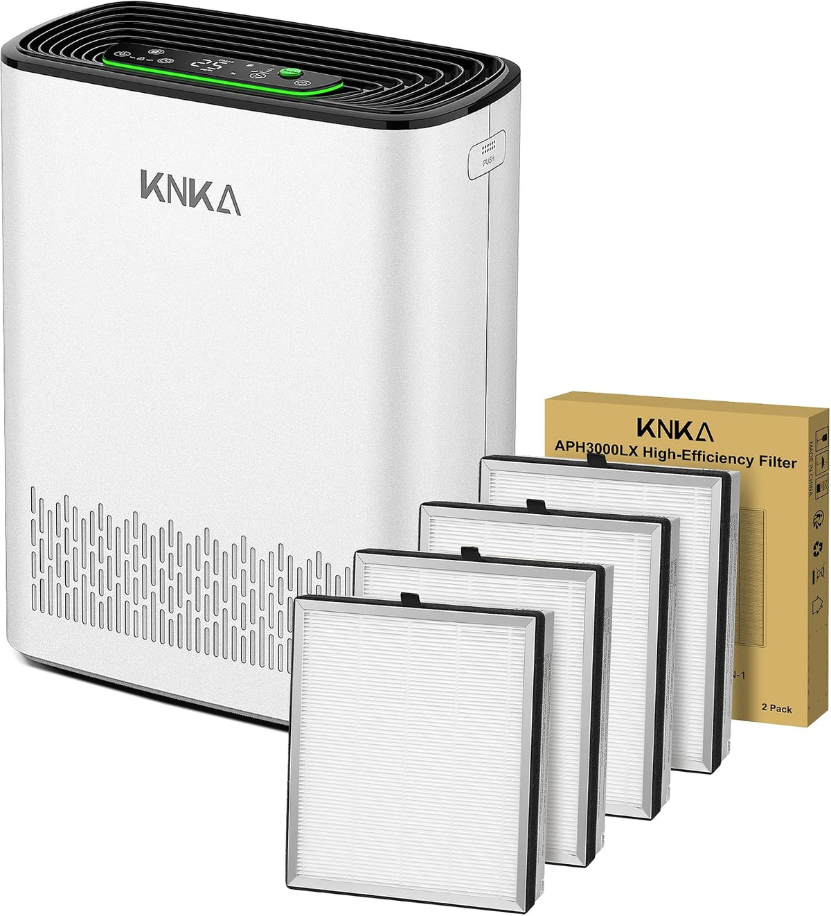 Oczyszczacz powietrza KNKA, APH3000, 80 m – Biały, 300 m3 / h, CADR 300 APH3000, HEPA & Filtr węgla aktywnego – Opakowanie 4, na 80 m2