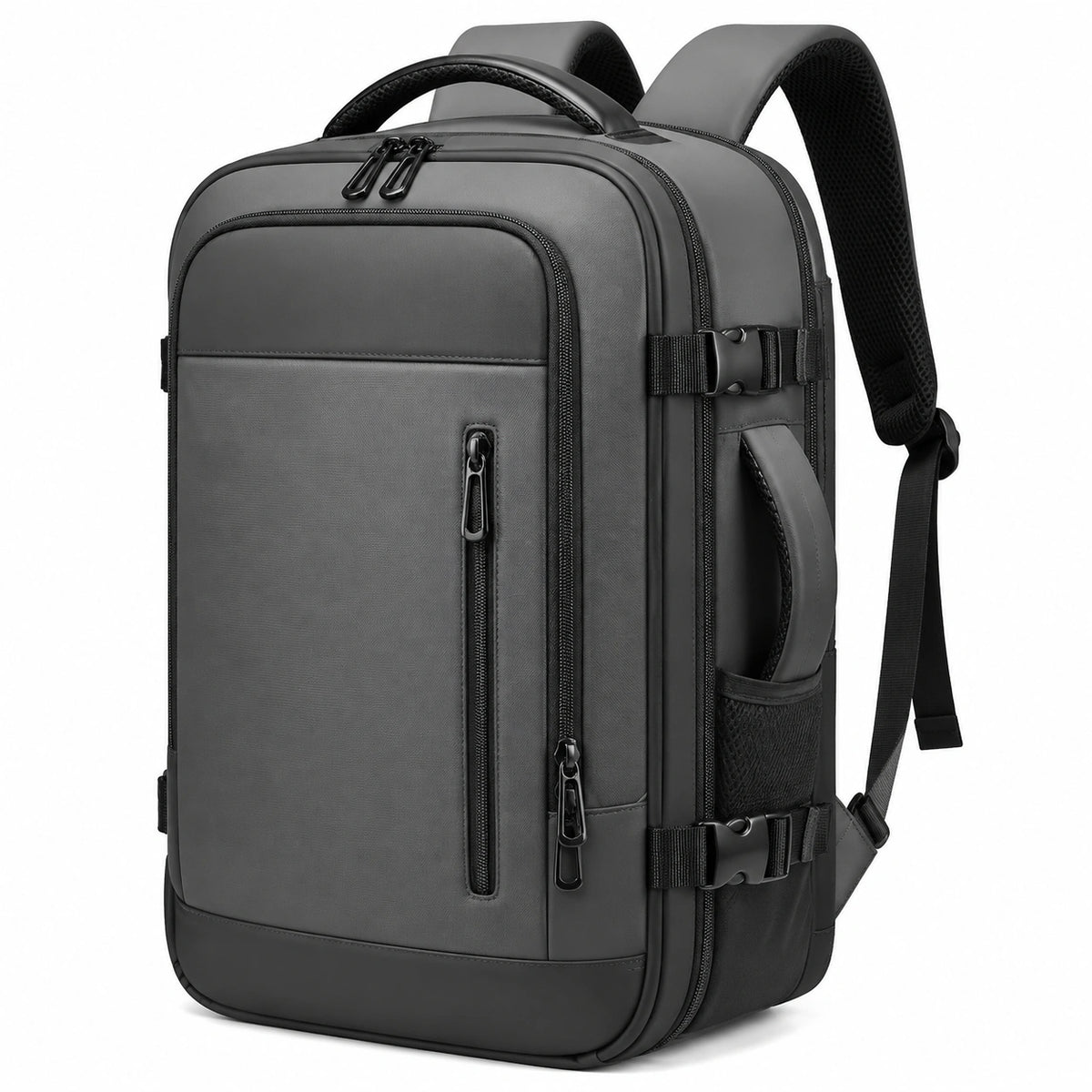 Mochila rectangular 32 x 20 x 48 cm de tejido sintético gris para viaje con compartimentos y asa superior