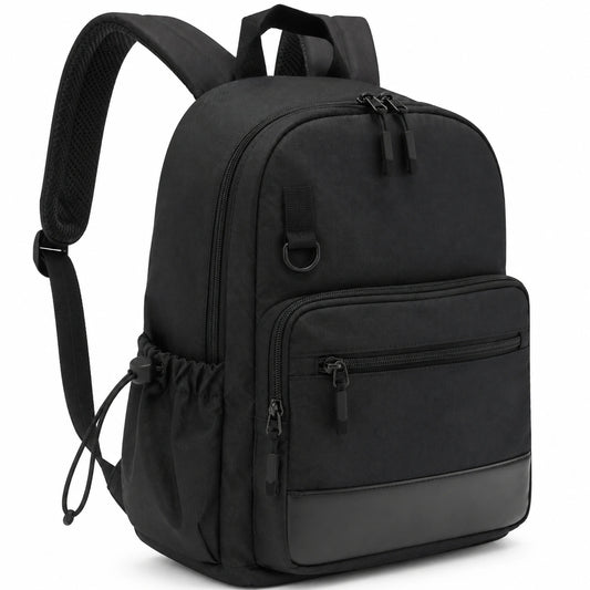 Mochila rectangular 32 x 18 x 45 cm de tejido negro con compartimentos para uso diario