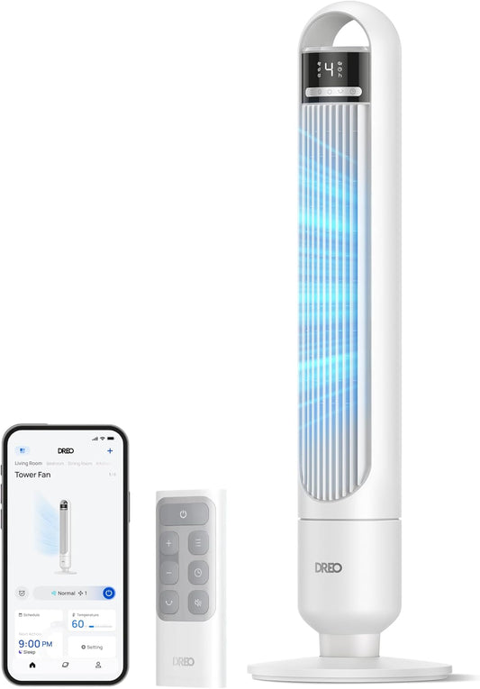 Wentylator kolumnowy DREO – 28 dB, 8 m, Biały, Google wentylator – minutnik, oscylacja w 90 °, tłumik, asystent Google