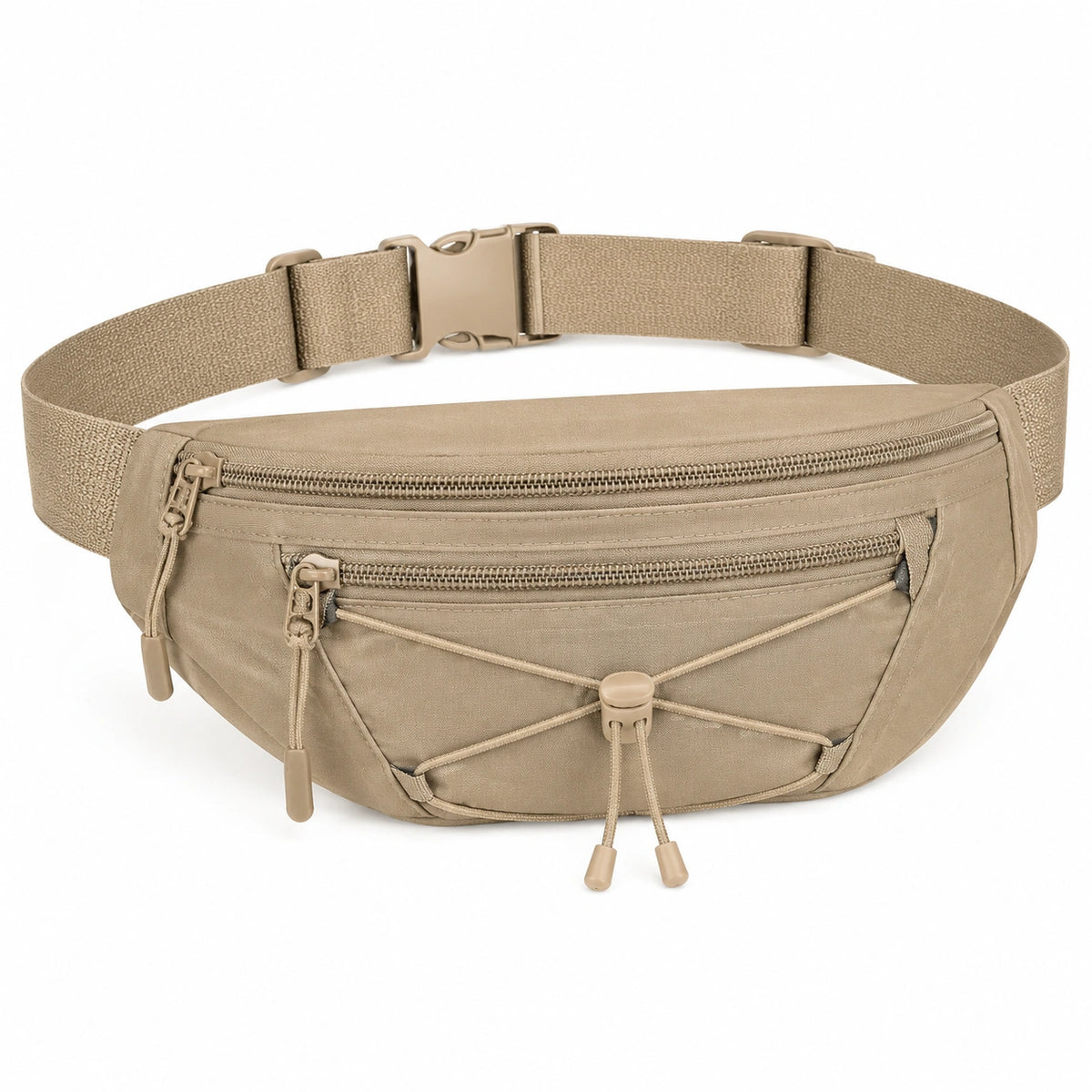 Riñonera 30 x 15 x 8 cm de tejido sintético beige con múltiples bolsillos y correa ajustable
