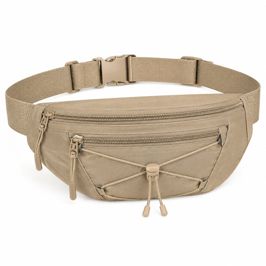 Riñonera 30 x 15 x 8 cm de tejido sintético beige con múltiples bolsillos y correa ajustable